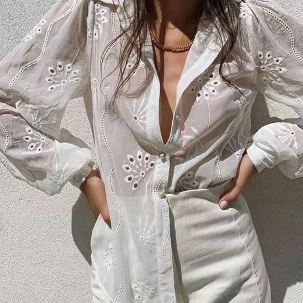 SOLD OUT White Boho Floral Eyelet Button Up Blouse - Picture 5 of 15